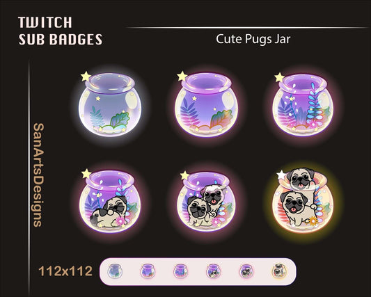 Cute Pugs in Celestial Jar Twitch Sub Badges - Badges - Stream K-Arts