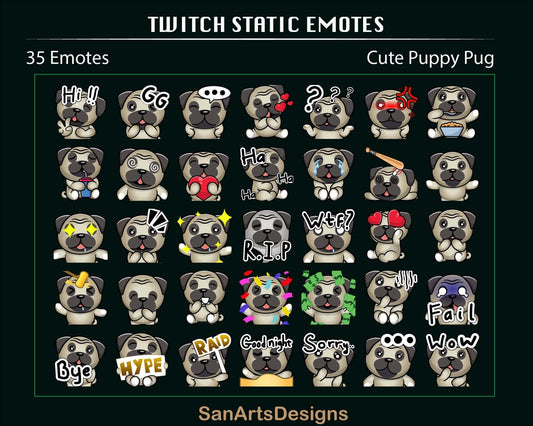 Cute Puppy Pug Twitch Emotes - Static Emotes - Stream K-Arts