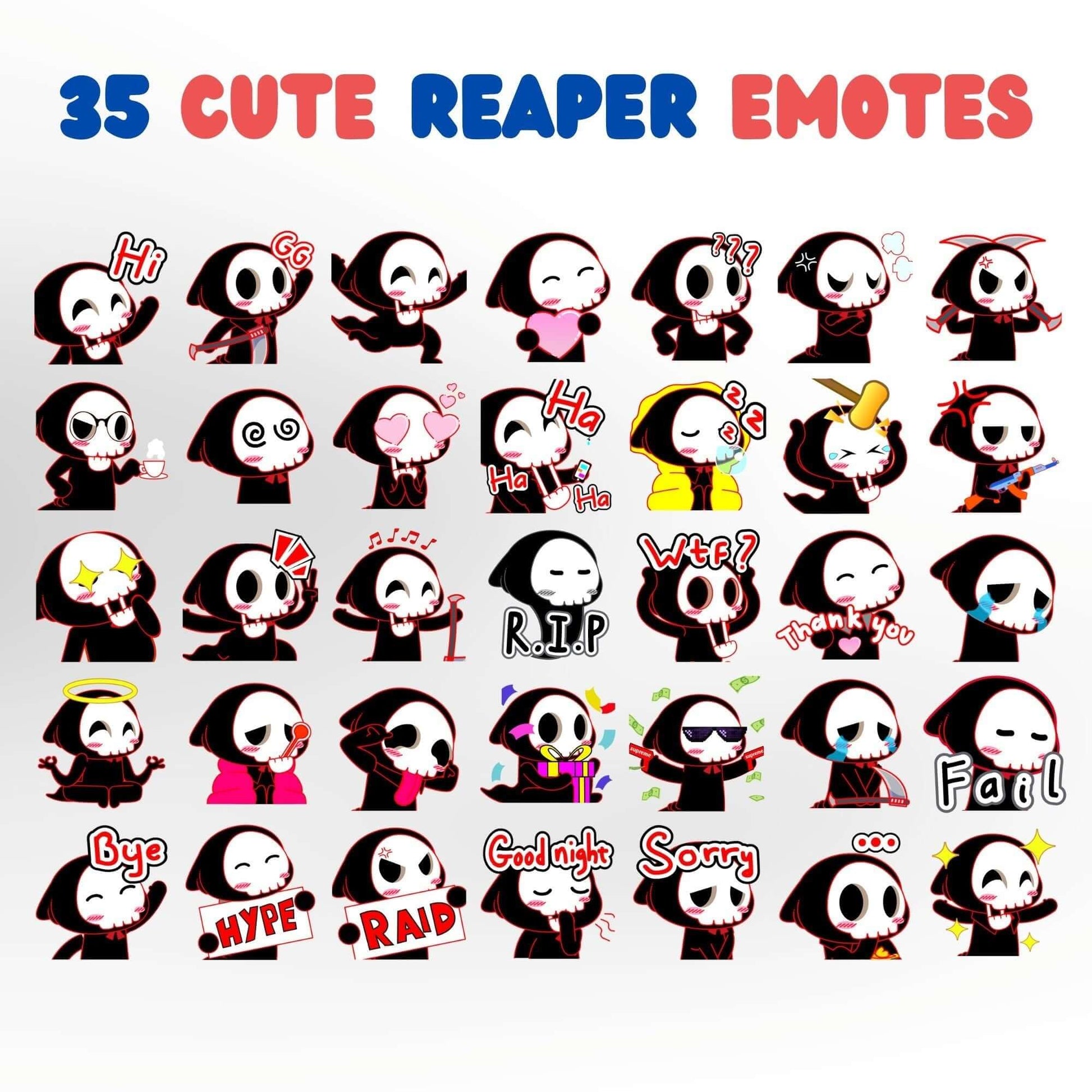 Cute Reaper Emotes Pack - Static Emotes - Stream K-Arts