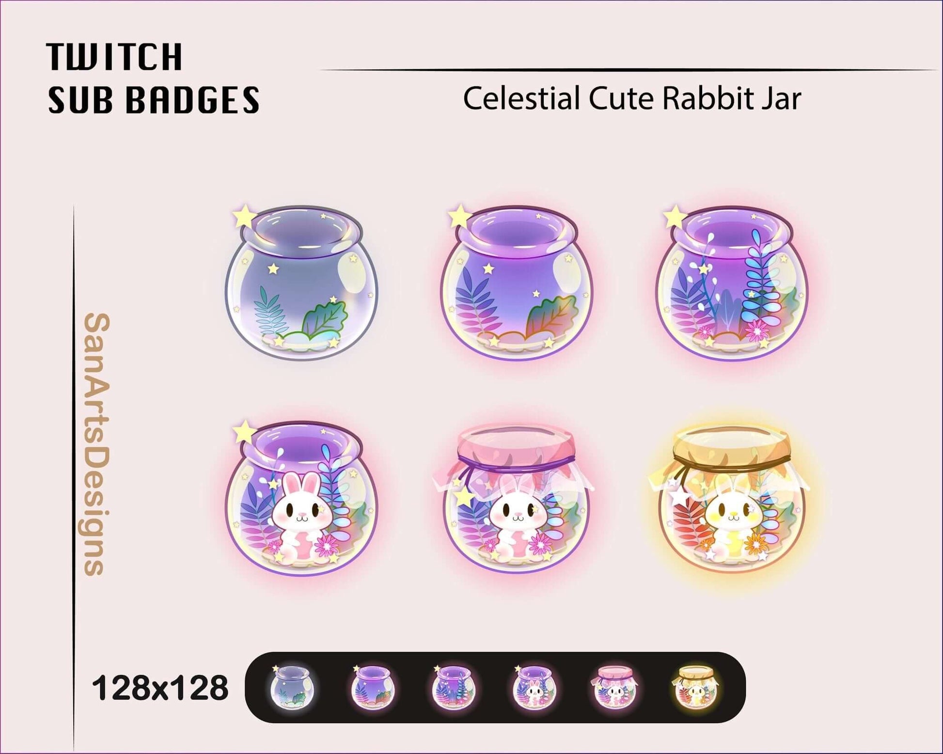 Cute White Rabbit in Celestial Jar Twitch Sub Badges - Badges - Stream K-Arts