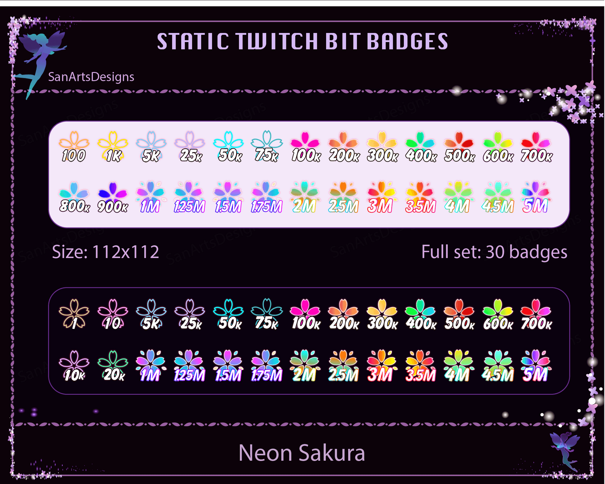 Neon Sakura Twitch Bit Badges - BitBadges - Stream K-Arts